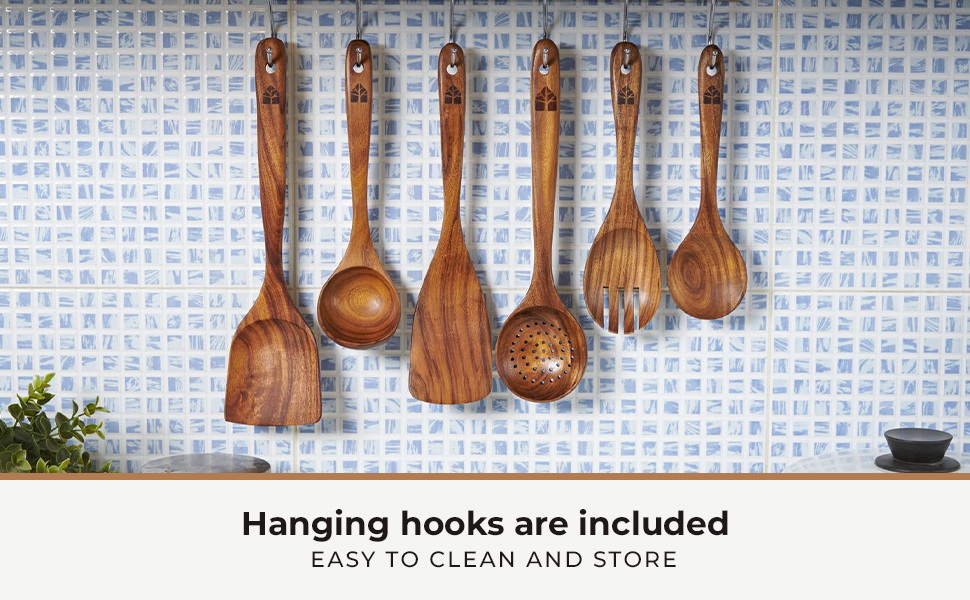 woode utensils set with hanging hooks